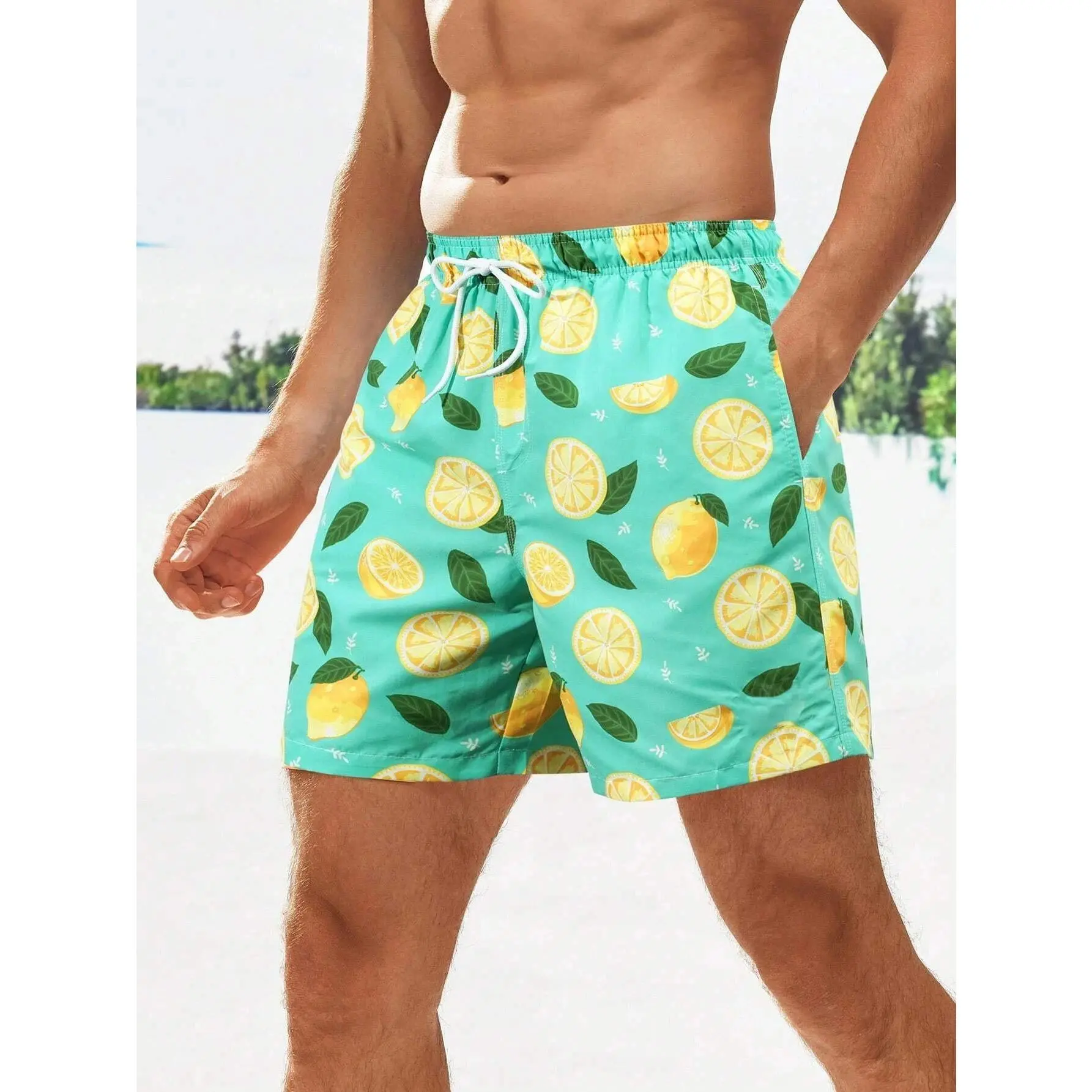 Men's Tropical Sports Shorts with Lemon & Pineapple Print - Quick-Drying Polyester Beachwear with Lace-Up for Summer Surfing, Unisex, Random Print Men's Sports Shorts, Printed Pattern, Quick Dry