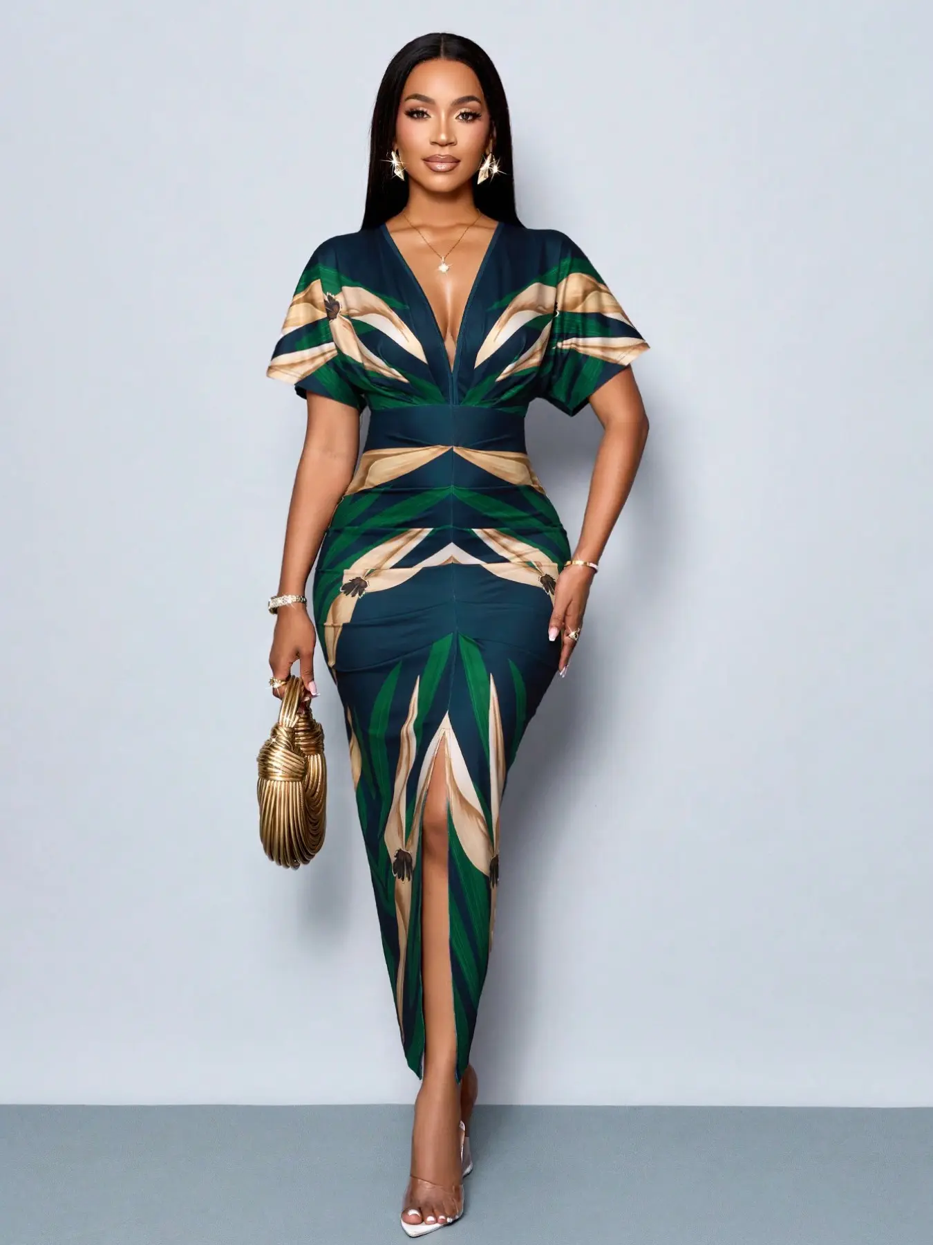 Women's Fashion Slimming Waist Short Sleeve Midi Wrap Dress, Trendy Bodycon Fitted Design, Perfect for Daily & Casual Wear, Comfortable & Stylish, Elegant, Chic, Leaf Print