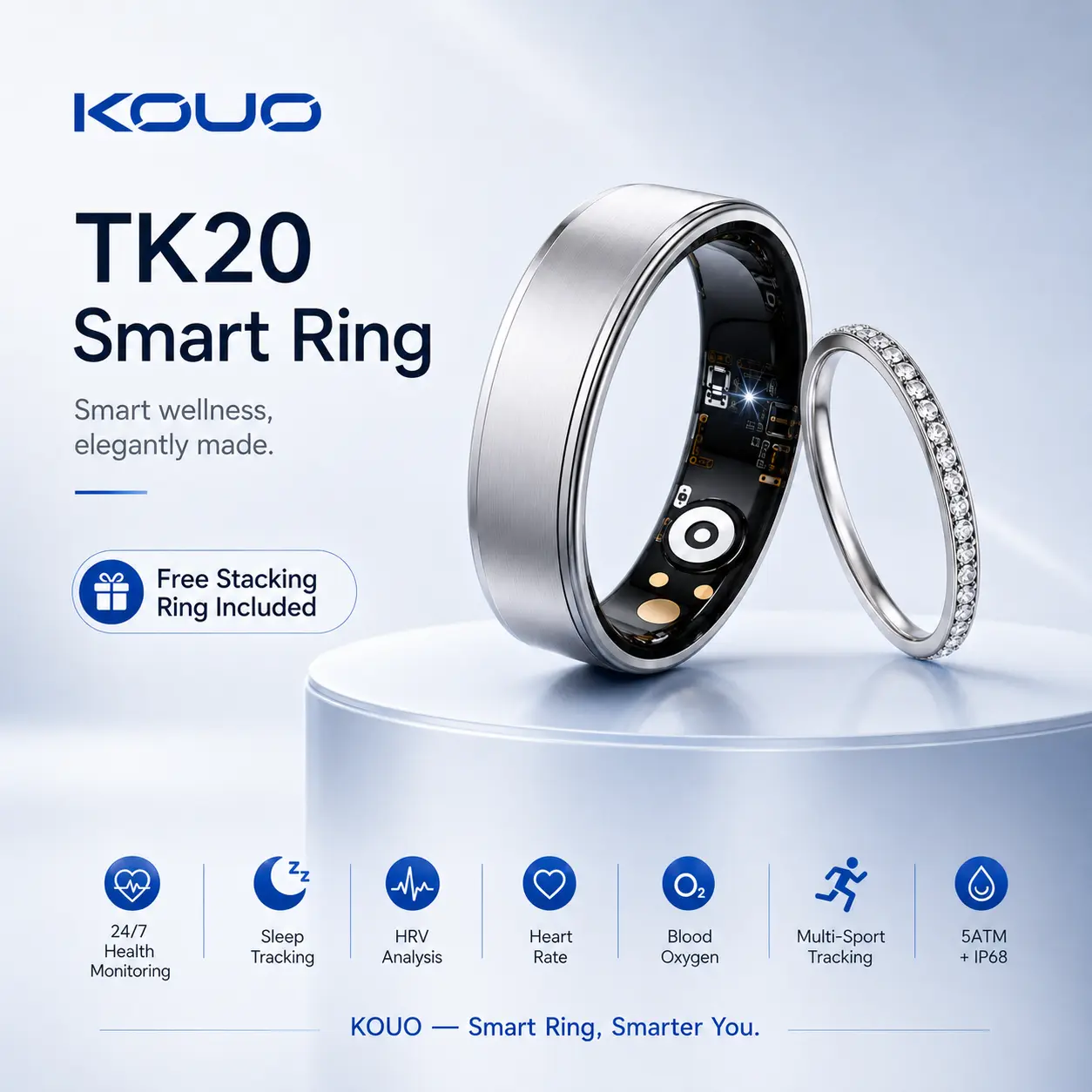KOUO 2026 Upgraded Smart Ring for Women and Men, Wearable Fitness Tracker with Heart Rate Monitor, Blood Oxygen Tracking, Sleep Analysis, Step Counting, IP68 Waterproof, No APP Fee, Compatible with iOS and Android, Birthday Gift
