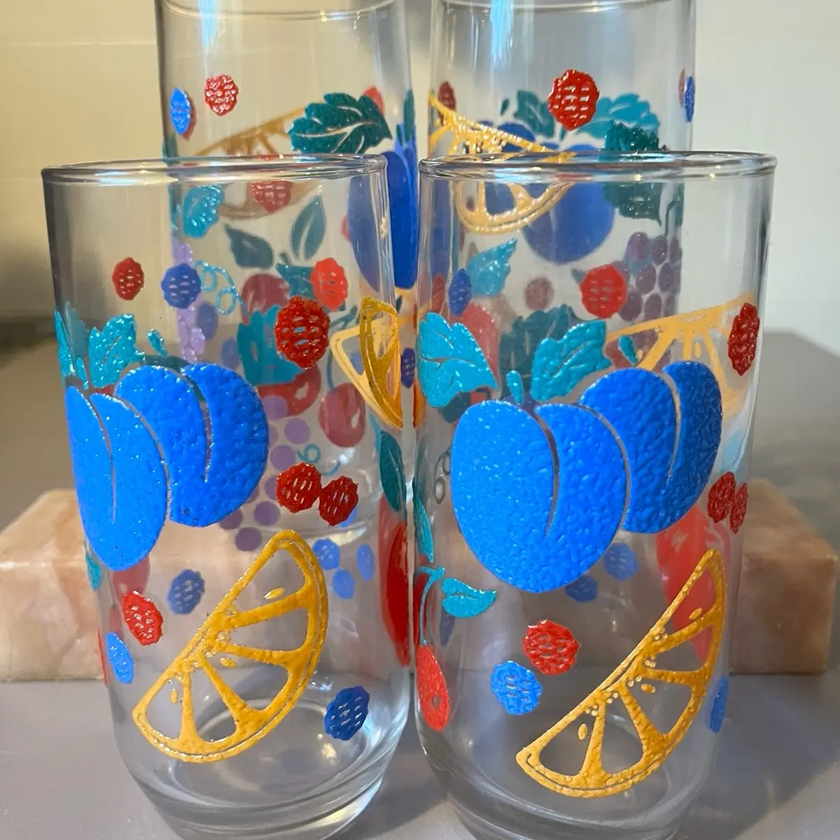 Set of Four Vintage Libbey “Fanciful Fruits” Colorful Raised Fruit Juice Glasses - Drinkware