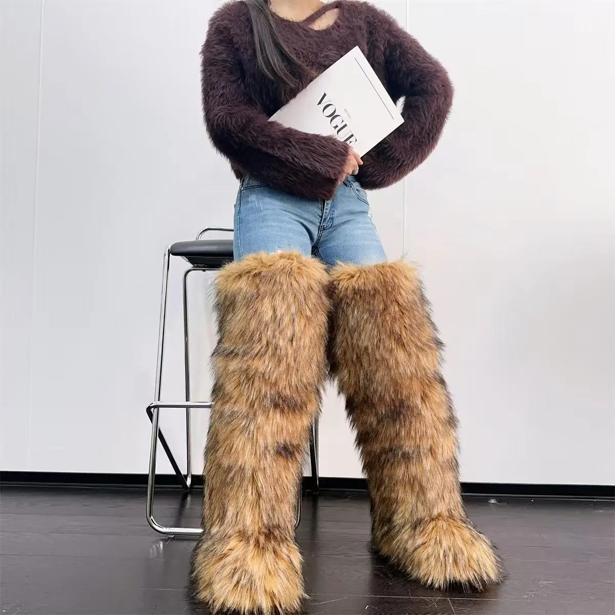 2026 New Winter Season Women's Outdoor 72cm Knee-Length High Boots with Over-Knee Tan Sheep Fur Snow Boots for Women Warm Weather Snow Boots