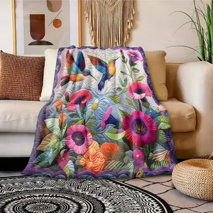 Cartoon Hummingbird & Colorful Flowers Blanket, Valentine’s Day Theme, Soft Flannel, Lightweight, Perfect Gift stay  gift