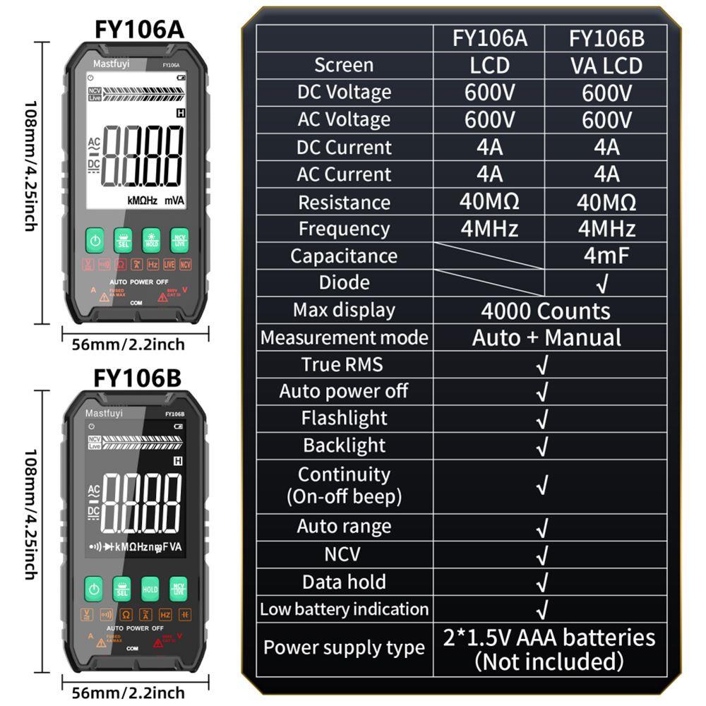 FY106 Smart Multimeter Mini Digital Multimeter 3999Counts Auto-Ranging CAT III 600V Professional Voltage Multimeter Multimeter Test Leads Multimeter Tester FY106 Smart Multimeter Mini Digital Multimeter 3999Counts Auto-Ranging CAT III 600V Professional Voltage Multimeter Multimeter Test Leads Multimeter Tester