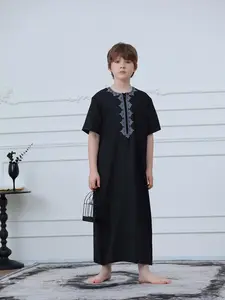 Middle Eastern Muslim Boy Moroccan Thobe Robe, Zipper Short Sleeve Embroidered Loose Fit Breathable Fabric, All Seasons Modest Style