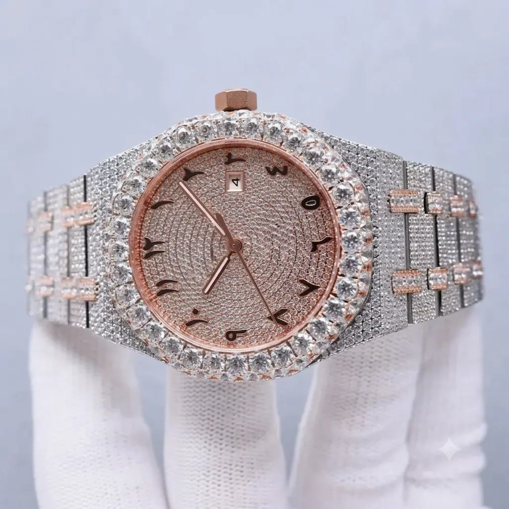 Men's Iced Out Waterproof Bling Watch - All-Steel Analog Quartz Chronograph with Black Silicone Band, Self-Winding Multi-Function Luxury Retro Trendy Fashion Accessory with Diamonds