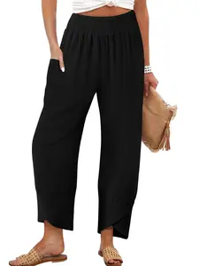 Women's High Waist Wide Leg Woven Pants, Casual Loose-Fitting Workwear, Comfortable Ladies' Clothing for Everyday Wear & Office Use