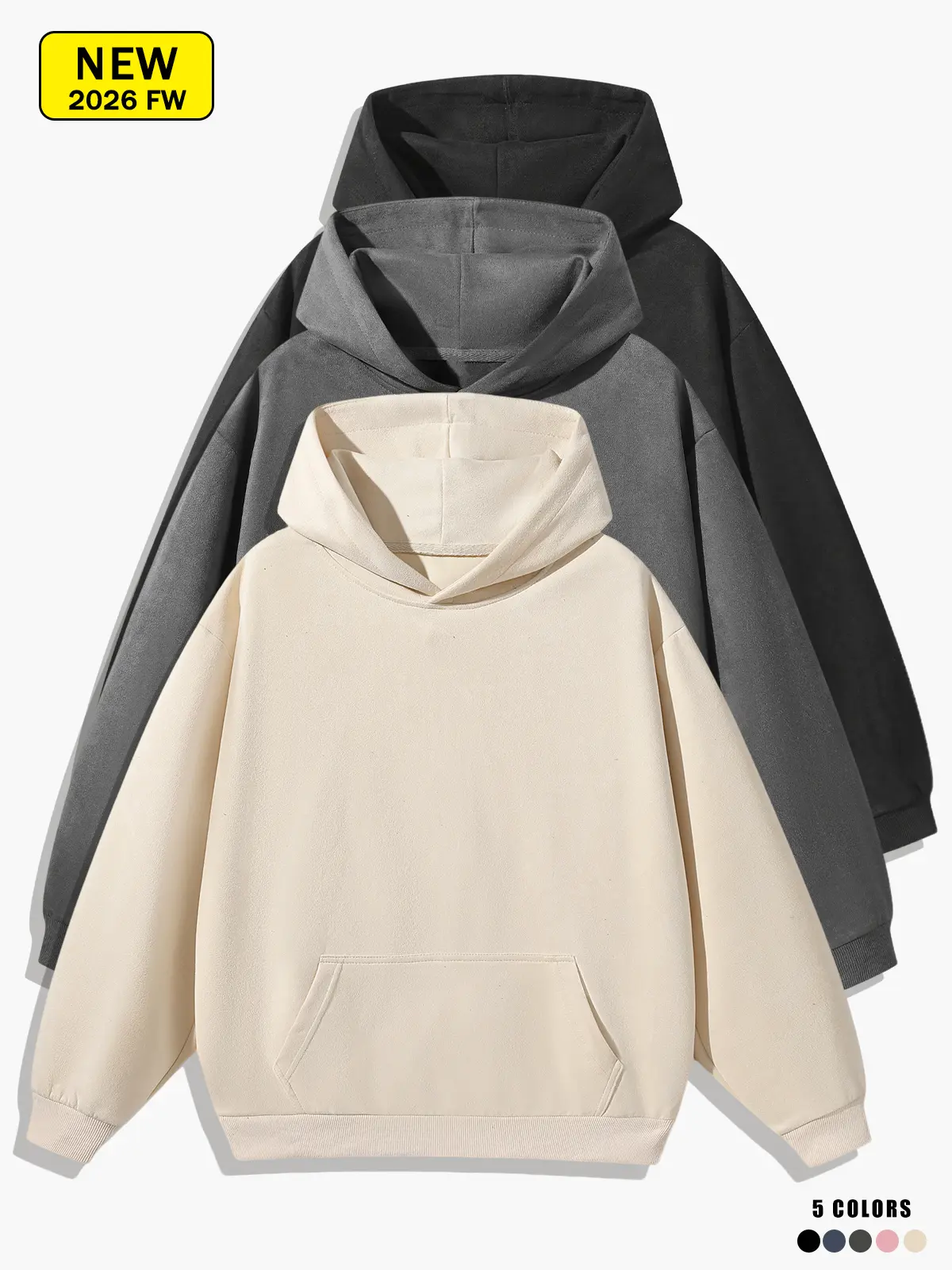 Unisex solid-color loose pullover hoodie sweatshirt with kangaroo pocket, basic long-sleeve hooded top for casual everyday streetwear