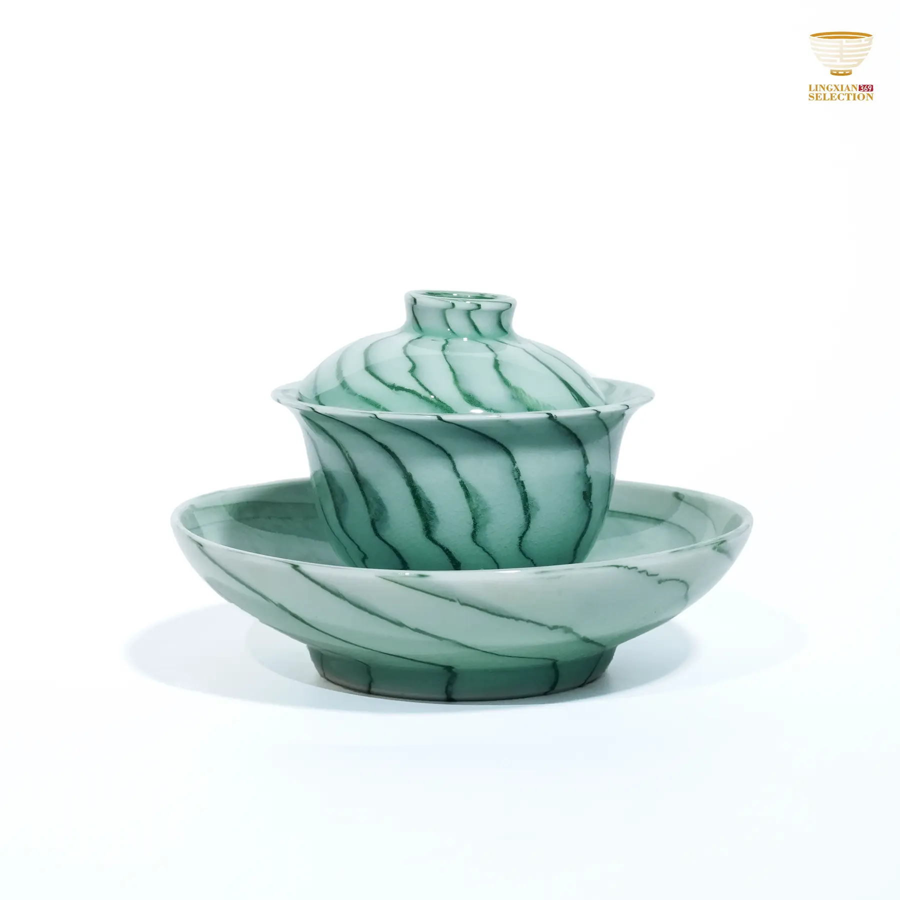 Liao Xinliang Clay Marbled Gaiwan & Teacup Set, All Handmade Celadon Art Tea Ware, Elegant Textured Chinese Collectible Pottery