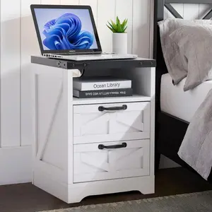 Farmhouse Nightstand with 2 Drawers, Charging Station (AC/USB/Type-C), White