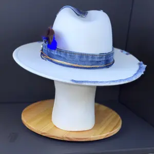 The Outlaw Archivist - Vintage Denim Fedora with Electric Blue Feathers & Gold-Wrapped Twine - Rebel Style Hat