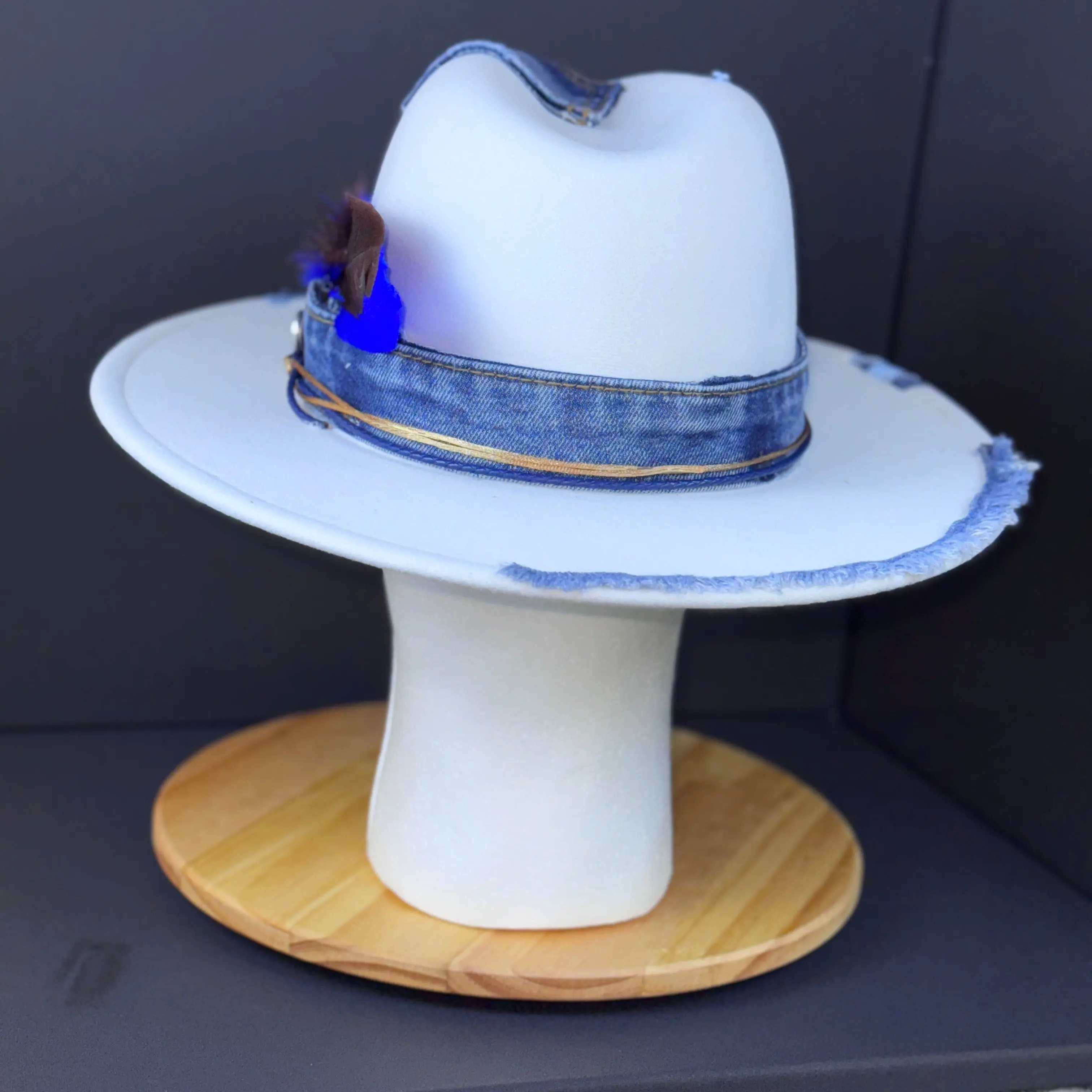 The Outlaw Archivist - Vintage Denim Fedora with Electric Blue Feathers & Gold-Wrapped Twine - Rebel Style Hat