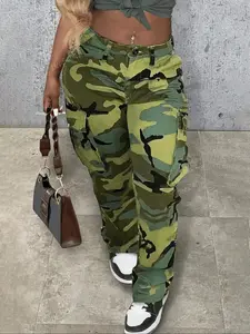 Women's Classic Multi-Pocket Woven Camouflage Pants, Fitted Straight Leg, Elastic Waist with Button Closure, Casual Fashion Aesthetic for All Seasons