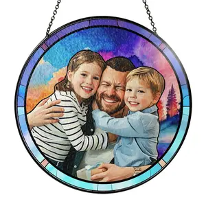 Personalized Photo Suncatcher for Dad, Custom Stained Glass Family Portrait Suncatcher, Photo Window Hanging, Father’s Day Gift for Dad