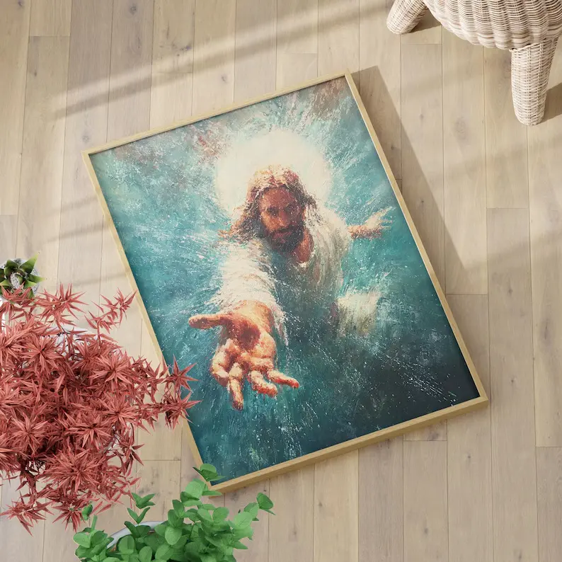 Poster Jesus Reaching Underwater Abstract Wall Art or Print, Hand of God Painting, Religious Christian Wall Decor, Biblical Art Print (unframed)