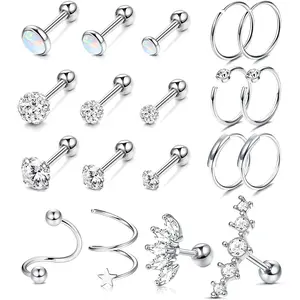 FINREZIO 19 Pcs Silvery Cute Cartilage Stainless Steel Piercing Earrings for Women Men Trendy Daith Tragus Piercing Studs Earring Dazzling CZ Stud Earrings Helix Earrings Piercing Jewelry Set
