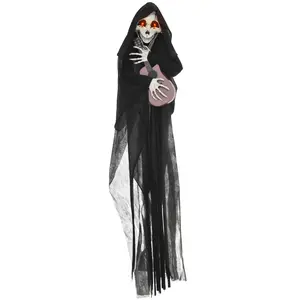 Guitar Playing Grim Reaper Outdoor Halloween Decoration Animatronic Motion and Sound Activated Plays Audio Eyes Glow Red for Haunted House Porch Yard Party