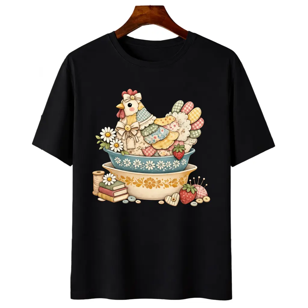 Patchwork Vintage Chicken Pyrex Inspired T-Shirt, Quilted Hen on Nest, Grandma Core Vintage Kitchenware Shirt, Printed Shirt