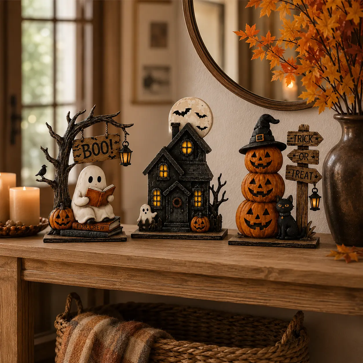 3 Pcs Vintage Halloween Tabletop Decor Set, Spooky Resin Ghost Haunted House & Stacked Pumpkin Figurines with Black Cat, Trick or Treat Fall Decorations for Mantel Shelf Table