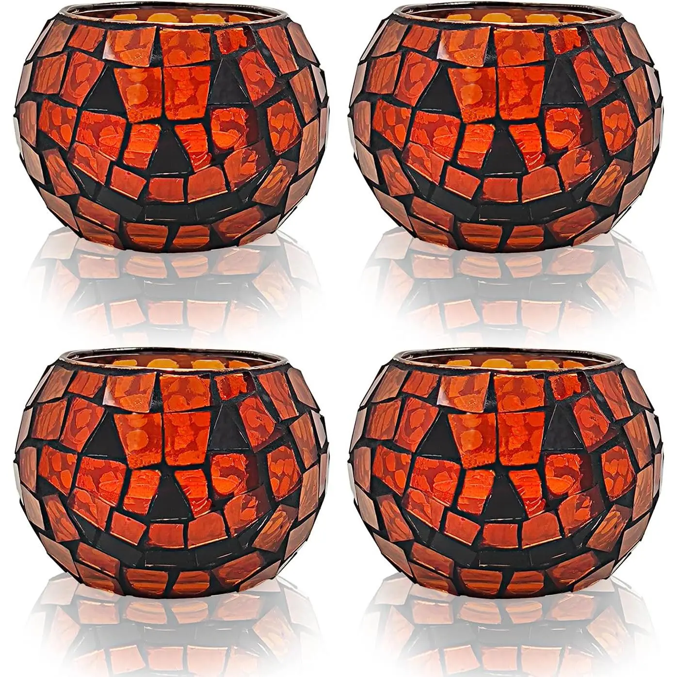 Halloween Candles Holder Set of 4, Grimace Tealight Holders,  Mosaic Pumpkin Glass Votive Candle Holders for Halloween Table Centerpiece  Decor