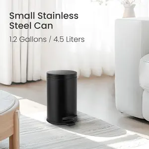 1.2 Gallons Small Black Trash Can, Bathroom Garbage Can with Lid and Foot Pedal, Mini Round Wastebasket for Bathroom, Bedroom, Office, 4.5 Liters / 1.2 Gallons, Matte Black