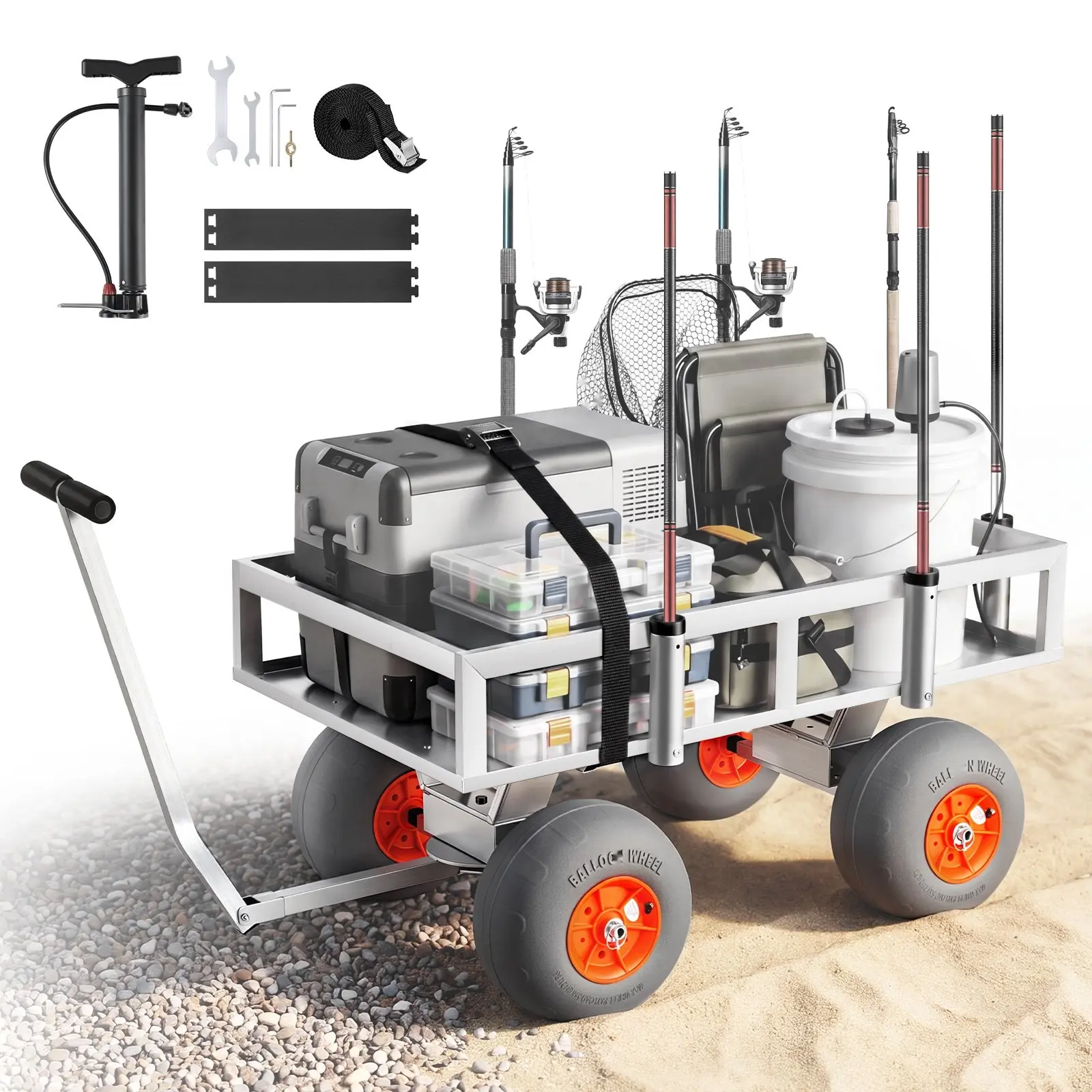 Beach Fishing Cart With 350 Lbs Load Capacity, Foldable Aluminum Frame, Heavy-Duty Construction, 13-Inch All-Terrain PU Balloon Tires, Six Rod Holders, Ideal For Outdoor Activities, Camping, Picnic And Beach Trips