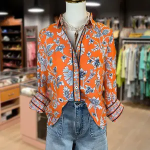 Cherrybetty Vintage Floral Print Collared Blouse Elegant Tops Long Sleeve Orange Skirts Womenswear Fitted Shirts Love V-Neck Classic Collar Design Cute Tops Women for Teachers and Moms