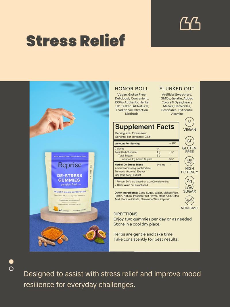 De-Stress Gummies with American Ginseng, Turmeric, and Goji - Assist with Stress Relief & Mood Boost, All-Natural Relaxation, Low-Sugar, 45 Vegan Gummies, Passion Fruit