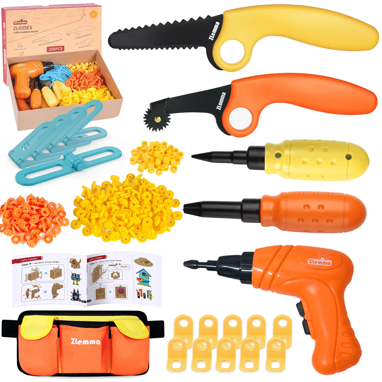 Kids Cardboard Construction Tool Set with Electric Drill & Tool Belt -258PCS, STEM Building Kit for Creative Craft Projects, Educational DIY Engineering Toy for Boys & Girls