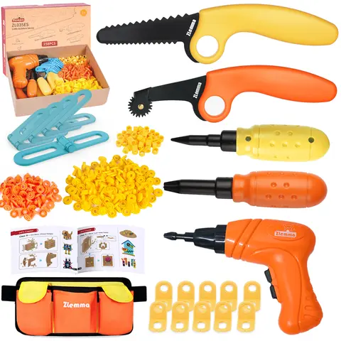 258-Piece Kids Pretend Play Set - Kid-Safe Paper Tools, Child-Sized Electric Drill, Tool Belt, Hole Puncher, Moveable Joints, Cardboard Cutter, Safe Edges, Built-In Cells, Angle Connectors - STEM DIY Engineering Craft Toys for Ages 6-12 Boys