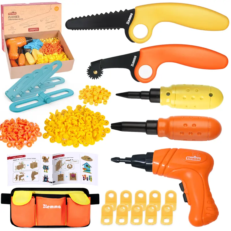 258-Piece Kids Pretend Play Set - Kid-Safe Paper Tools, Child-Sized Electric Drill, Tool Belt, Hole Puncher, Moveable Joints, Cardboard Cutter, Safe Edges, Built-In Cells, Angle Connectors - STEM DIY Engineering Craft Toys for Ages 6-12 Boys