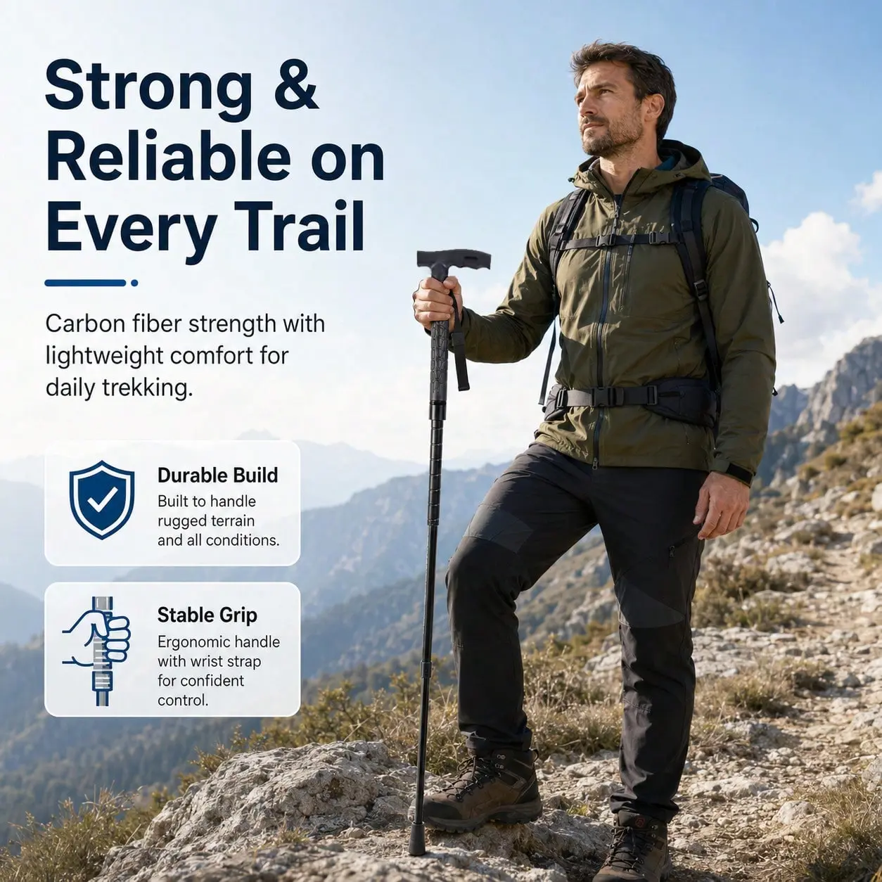 37 Inch Ultralight Carbon Fiber Trekking Pole, Foldable Hiking Stick with Ergonomic Grip, Durable Walking Pole for Mountain Hiking, Camping and Trail Adventures