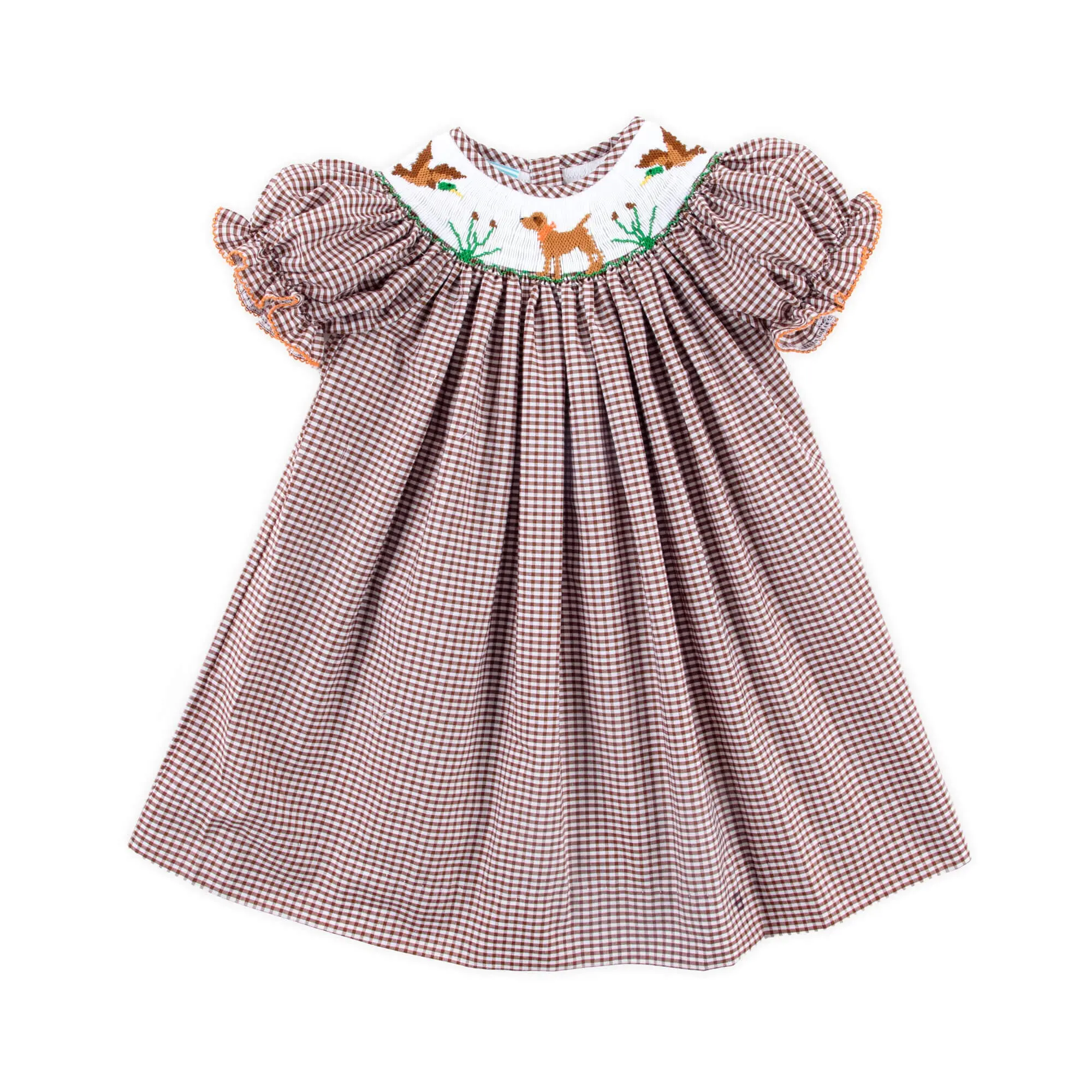 Mallard & Dog Smocked Brown Gingham Bishop Dress