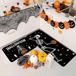 2/3pcs Halloween Ghost, Skull, Pumpkin Head Pattern Kitchen Carpet Floor Mat, Happy Halloween Kitchen Non slip Floor Mat, Suitable for Kitchen, Entrance Door, Laundry Room, Bathroom, Living Room, Room Halloween Decoration Floor Mat, Home Decor Rugs