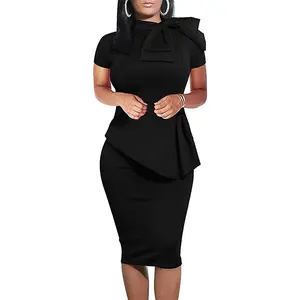 Women's Fashion Peplum Bodycon Short Sleeve Work Dresses Bow Club Ruffle Pencil Formal Cocktail Dress Elegant Womenswear Breathable Chic