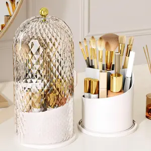 White 360 Rotating Makeup Brush Storage Box, Diamond Pattern Waterproof Dustproof Holder with Lid for Vanity