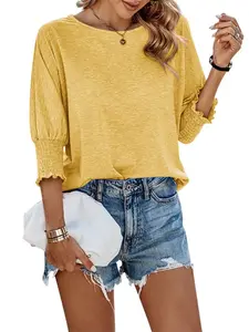 Beotyshow Women's 3/4 Sleeve Casual Tops Solid Color Crew Neck Loose Fit Shirts Blouses