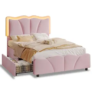 Sikaic Upholstered Platform Led Bed Frame with USB Ports Drawers Pink Furniture Corner Headboard Bedroom Set