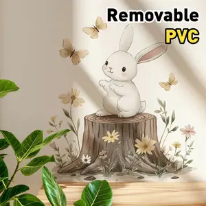 Creative Rabbit and Floral Tree Stump Wall Decal, PVC Sticker, Matte Finish, Perfect for Bedroom, Living Room, Bathroom Decor
