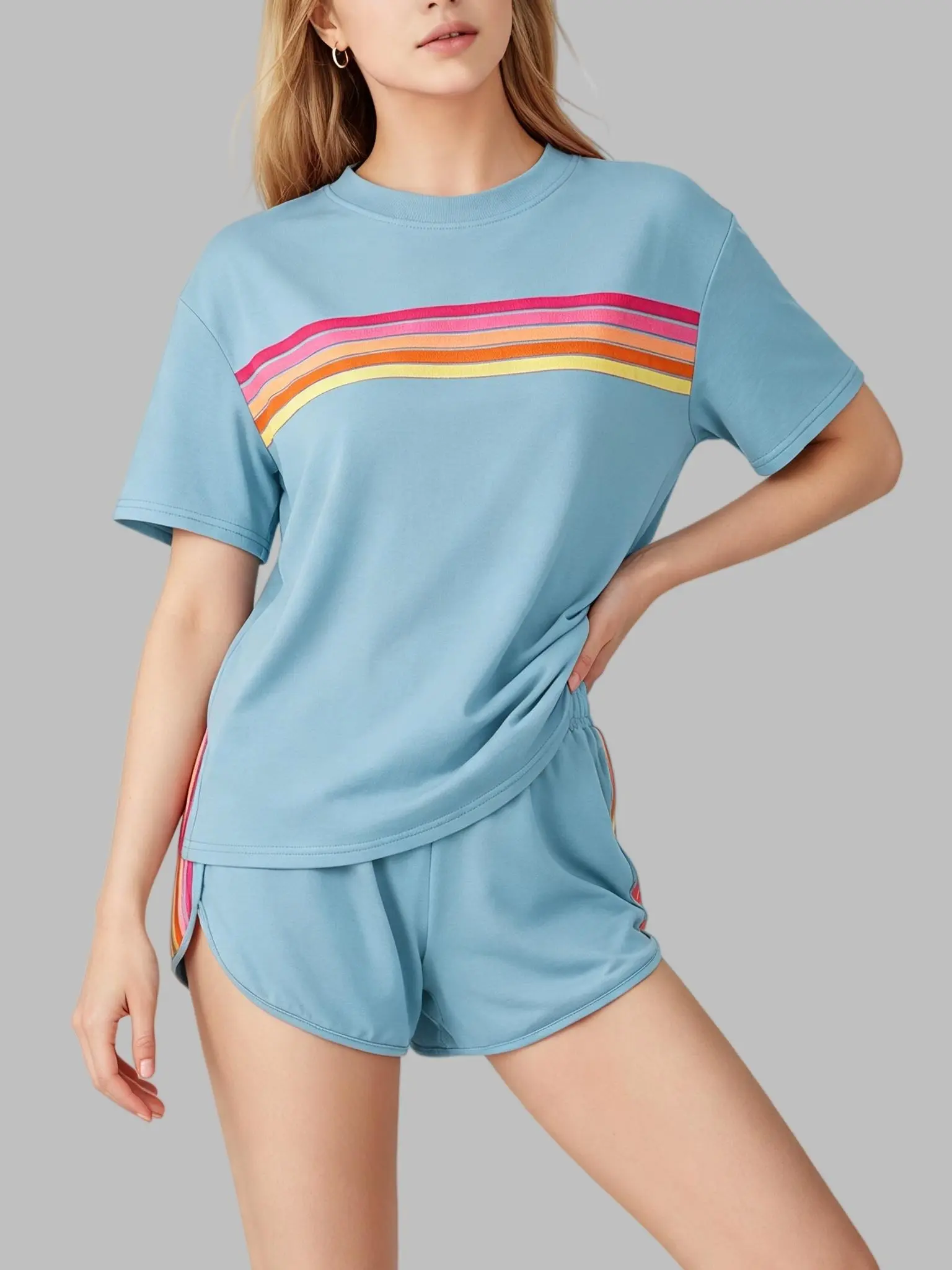 Women’s Rainbow Stripe Loungewear Pajama Set, Soft Cotton Blend 2 Piece Outfit, Short Sleeve Top & Elastic Waist Shorts, Casual Sleepwear for Daily Wear