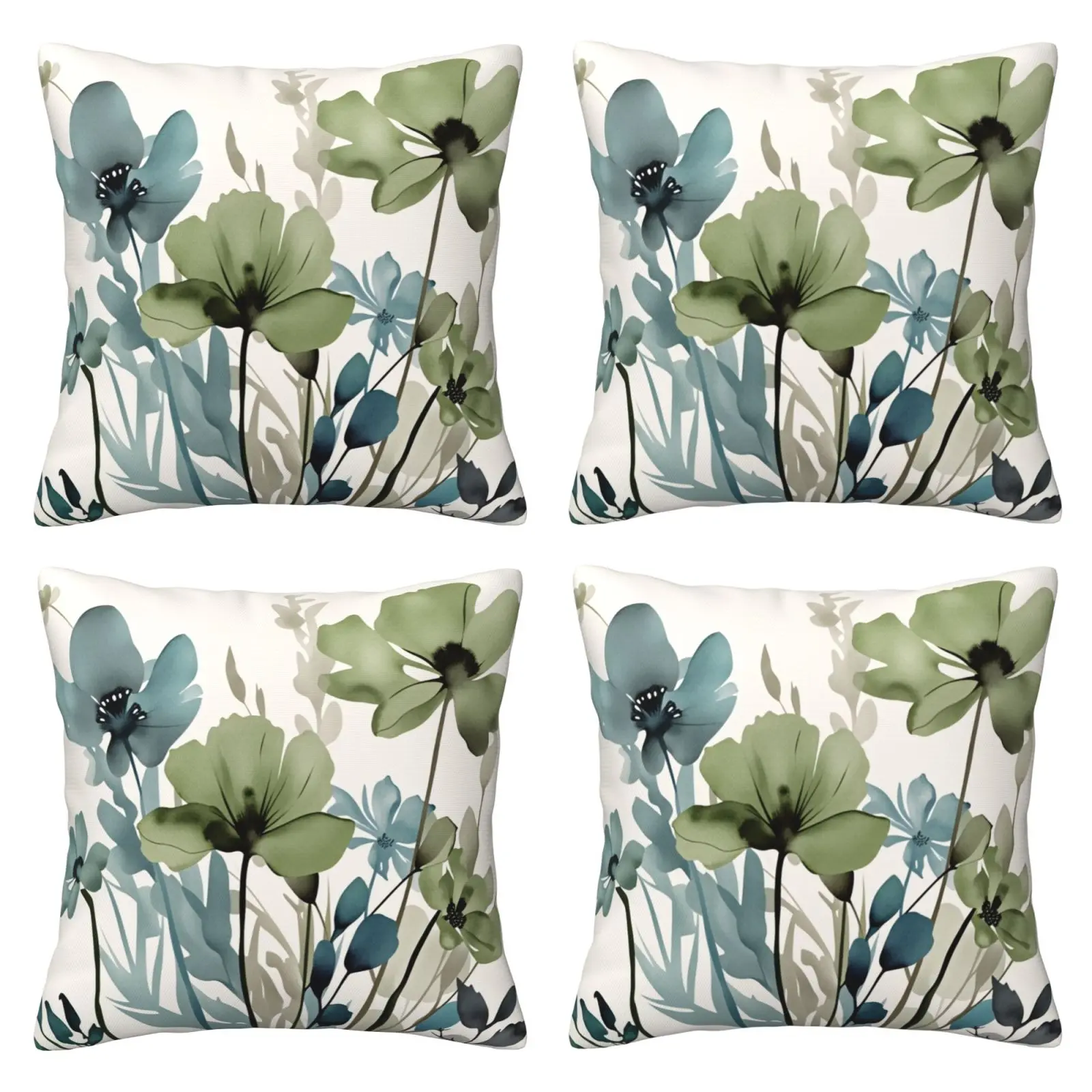 Sage green and blue floral pillow set, spring watercolor floral decoration pillow set, outdoor linen farmhouse style home sofa decoration pillowcase, 4-piece set with double-sided printing