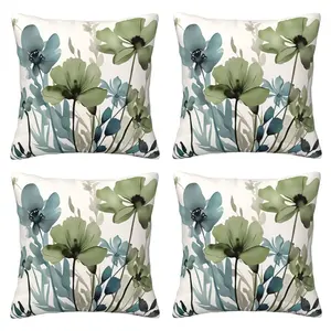Sage green and blue floral pillow set, spring watercolor floral decoration pillow set, outdoor linen farmhouse style home sofa decoration pillowcase, 4-piece set with double-sided printing
