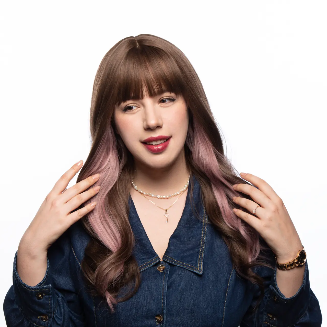 25-Inch Chestnut Brown (Light Pink Underlights) Wavy Ends Synthetic Wig | 【Heat Resistant】【Cap Included】 | 41FSGB