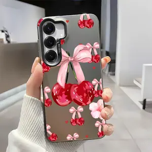 Bowtie cherry Pattern Acrylic TPU mobile phone case for Samsung Galaxy S25 S24 S23 S22 PLUS ULTRA FE camera full protector fashion high quality design fingerprint resistant gift anti drop durable Rhinestone Bow Litchi Phone Case Glitter Luxury