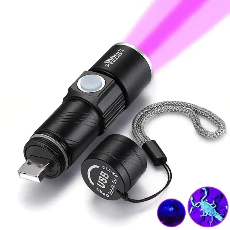 UV 395nm Flashlight, USB Rechargeable Zoomable Ultraviolet Lamp, Portable UV Detection Lamp For Pet Cat Urine & Moss Testing