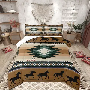 Rustic Western Bedding Set Kids Brown Southwestern Aztec Comforter for Boys Girls Teens Western Horse Comforter Set Soft Microfiber Boho Geometric Room Decor