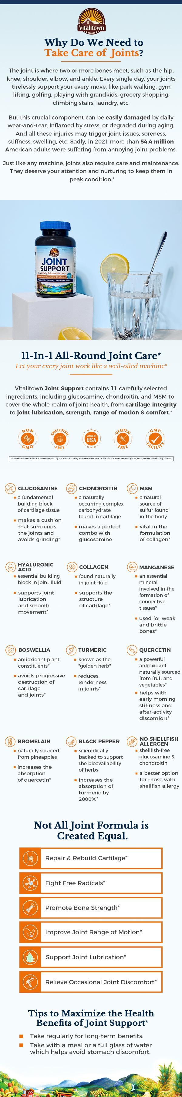 Joint Support,Support Joint Flexibility&Strength,Multi-Glucosamine,11-in-1  Plus Calcium Complex Vitamin,Dietary,Healthcare,Tablet,Edible,Vitalitown