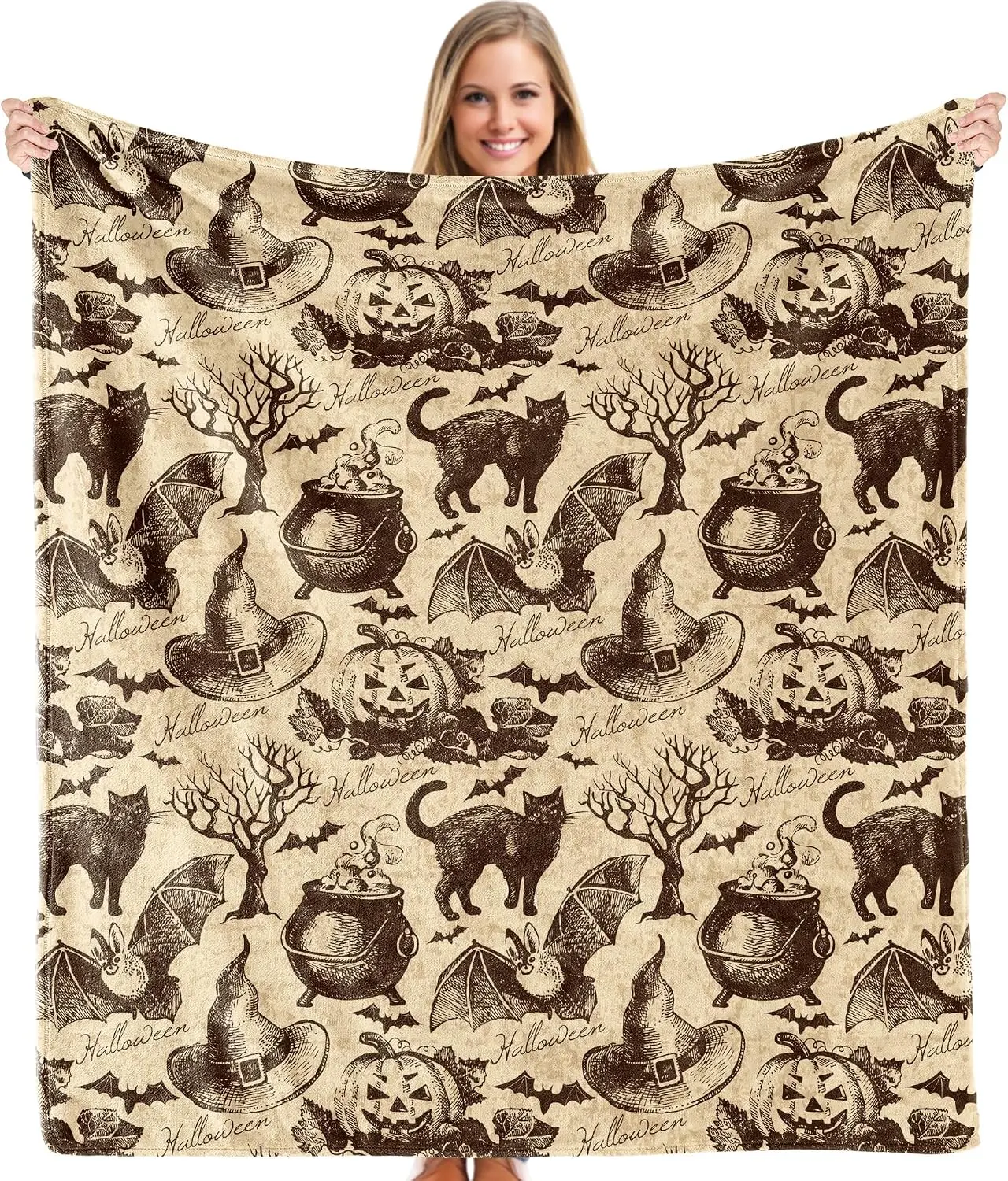 Vintage Sepia Halloween All‑Over Print Throw Blanket, Soft Flannel Plush Blanket with Witch Hat Pumpkin Black Cat Cauldron Bat Bare Tree Retro Seamless Pattern, Lightweight Cozy Decorative Blanket for Couch Sofa Bed Dorm Fall Halloween Home Decor