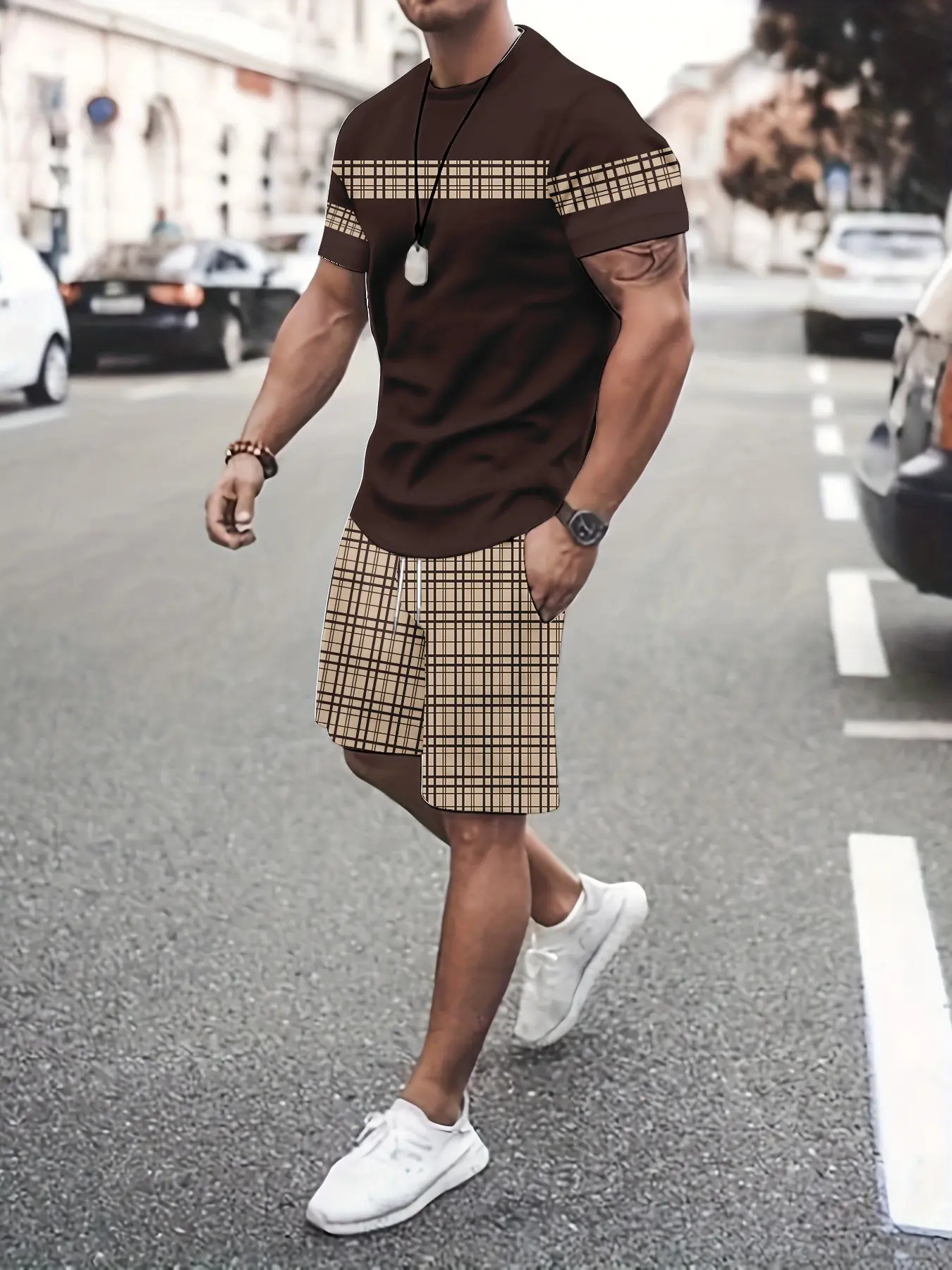 Men's Fashion Plaid Shorts, Trendy Summer Casual Wear, Comfortable Breathable Versatile Design, Short Sleeve Tee, Natural Waist Fitted Style, Casual Summer Outdoor, Casual Comfy Fit