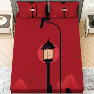 3Pcs Red Streetlight Crow Silhouette Fitted Sheet Three Piece Set (1*Fitted Sheet+2*Pillowcases, Coreless), Halloween theme, Dark Red Bedding Set, Mattress protector Soft, Breathable