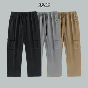 Menswear Men’s Cargo Pants, Plain Casual Utility Pants with Pockets, Elastic Drawstring Waist, Beige/Black/Gray tiktok shop deals